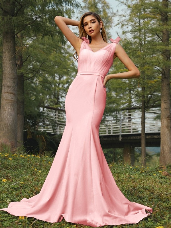 Trumpet/Mermaid Stretch Crepe Ruched V-neck Sleeveless Sweep/Brush Train Bridesmaid Dresses