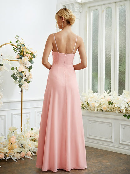 A-Linie/Princess-Linie Chiffon Rüschen V-Ausschnitt Ärmellos Bodenlang Brautjungfernkleider