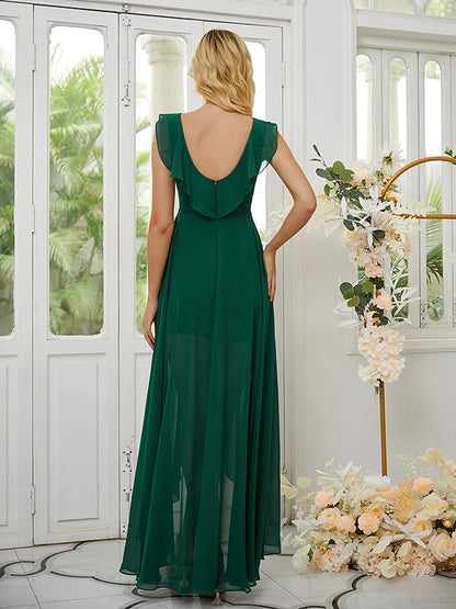 A-Linie/Princess-Linie Chiffon Gerüscht V-Ausschnitt Ärmellos Asymmetrisch Brautjungfernkleider