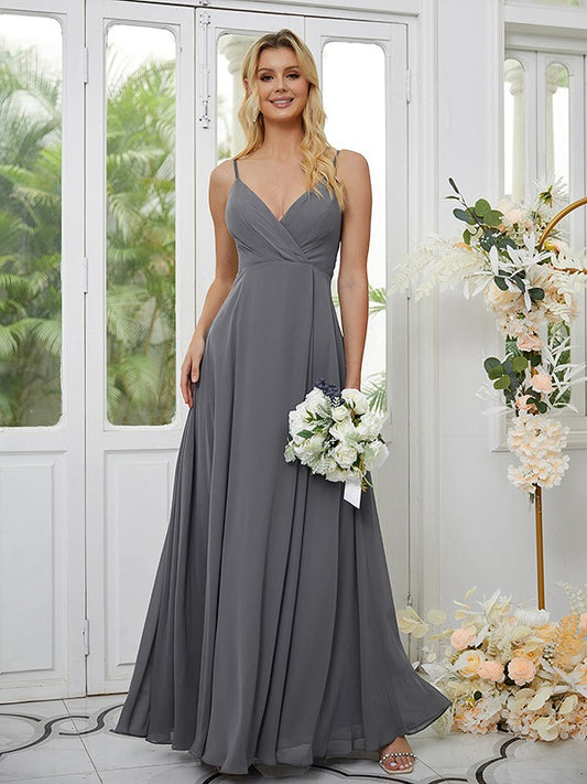 A-Linie/Princess-Linie Chiffon Rüschen V-Ausschnitt Ärmellos Bodenlang Brautjungfernkleider