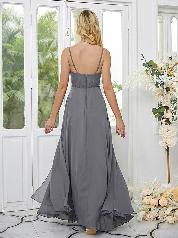 A-Linie/Princess-Linie Chiffon Rüschen V-Ausschnitt Ärmellos Bodenlang Brautjungfernkleider