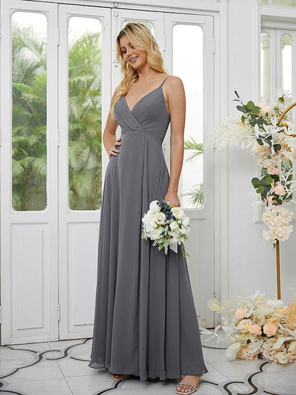 A-Linie/Princess-Linie Chiffon Rüschen V-Ausschnitt Ärmellos Bodenlang Brautjungfernkleider