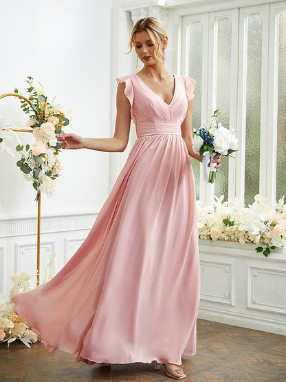 A-Linie/Princess-Linie Chiffon Rüschen V-Ausschnitt Ärmellos Bodenlang Brautjungfernkleider