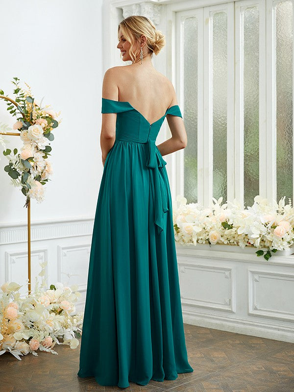 A-Linie/Princess-Linie Chiffon Rüschen Off-the-Shoulder-Träger Ärmellos Bodenlang Brautjungfernkleider