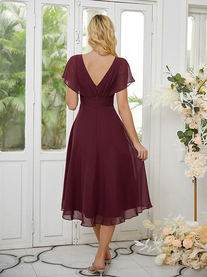 A-Linie/Princess-Linie Chiffon Gerüscht U-Ausschnitt Kurze Ärmel Asymmetrisch Brautjungfernkleider