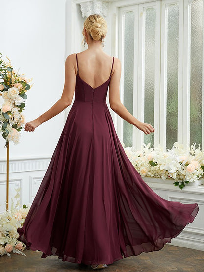 A-Linie/Princess-Linie Chiffon Rüschen V-Ausschnitt Ärmellos Bodenlang Brautjungfernkleider