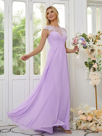 A-Linie/Princess-Linie Chiffon Applikationen U-Ausschnitt Kurze Ärmel Bodenlang Brautjungfernkleider