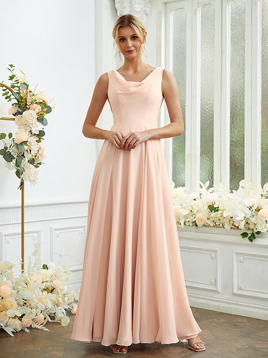 A-Linie/Princess-Linie Chiffon Rüschen U-Ausschnitt Ärmellos Bodenlang Brautjungfernkleider