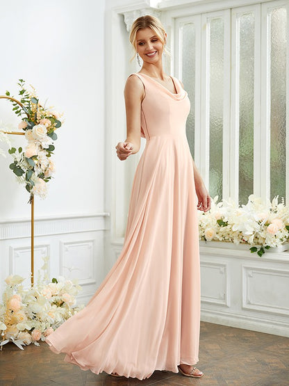 A-Linie/Princess-Linie Chiffon Rüschen U-Ausschnitt Ärmellos Bodenlang Brautjungfernkleider