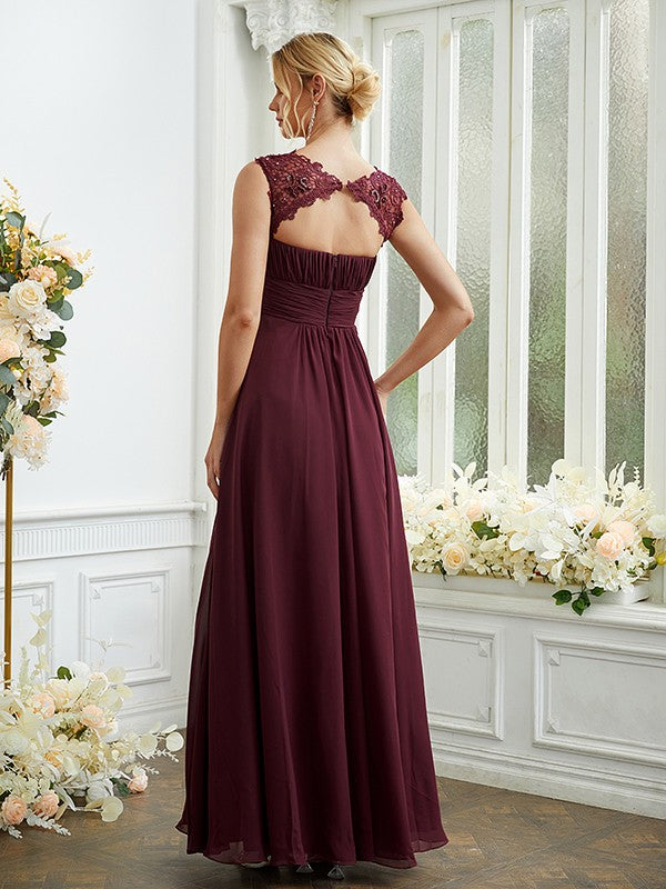 A-Linie/Princess-Linie Chiffon Spitze U-Ausschnitt Ärmellos Bodenlang Brautjungfernkleider