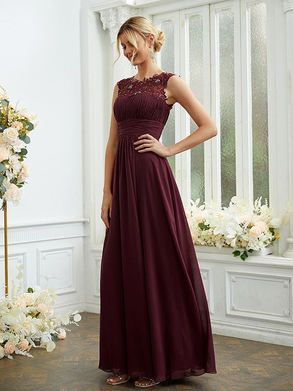 A-Linie/Princess-Linie Chiffon Spitze U-Ausschnitt Ärmellos Bodenlang Brautjungfernkleider