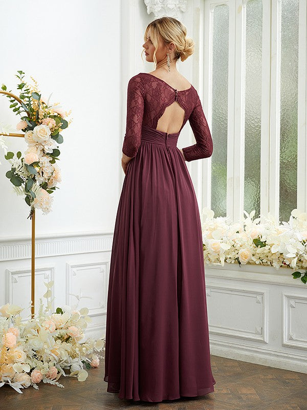 A-Linie/Princess-Linie Chiffon Spitze V-Ausschnitt Lange Ärmel Bodenlang Brautjungfernkleider