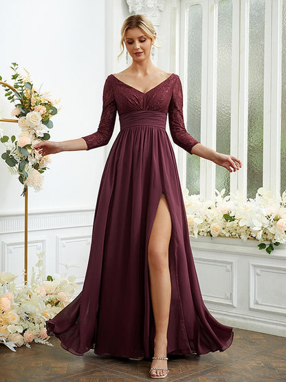 A-Linie/Princess-Linie Chiffon Spitze V-Ausschnitt Lange Ärmel Bodenlang Brautjungfernkleider