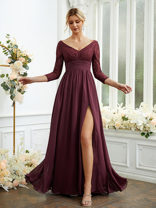A-Linie/Princess-Linie Chiffon Spitze V-Ausschnitt Lange Ärmel Bodenlang Brautjungfernkleider