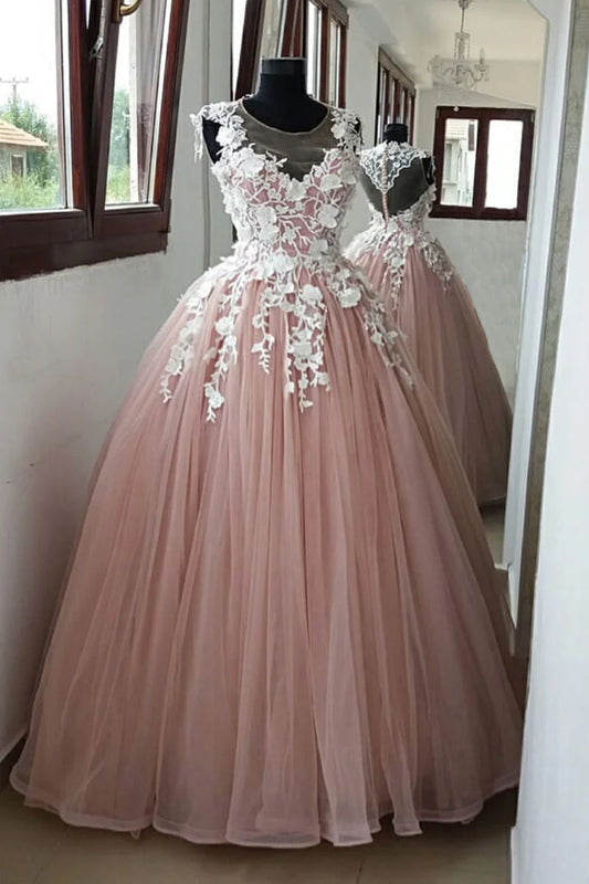 Round neck tulle lace applique long prom dress