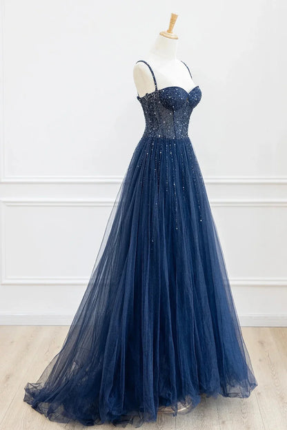 A-Linie Tüll Perlenbesetztes langes Ballkleid Formales Kleid