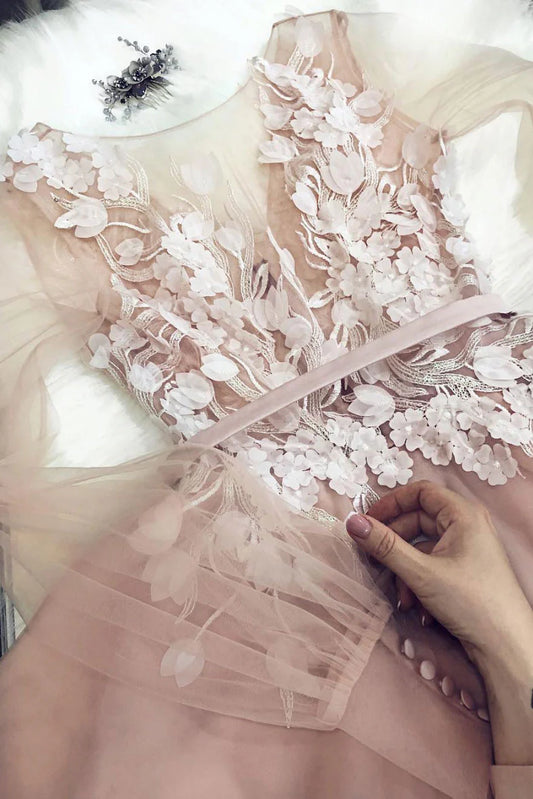 Round neck tulle applique long prom dress