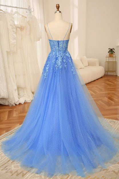 A-Linie Spaghettiträger Rücken Langes Tüll Ballkleid mit Applikationen