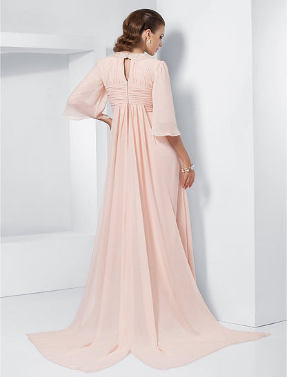 A-Linie Kleider für besondere Anlässe Elegantes Kleid für Hochzeitsgäste Formeller Abend Sweep/Pinsel Schleppe Halbe Ärmel Rundhalsausschnitt Chiffon mit Perlenbesatz Drapierung