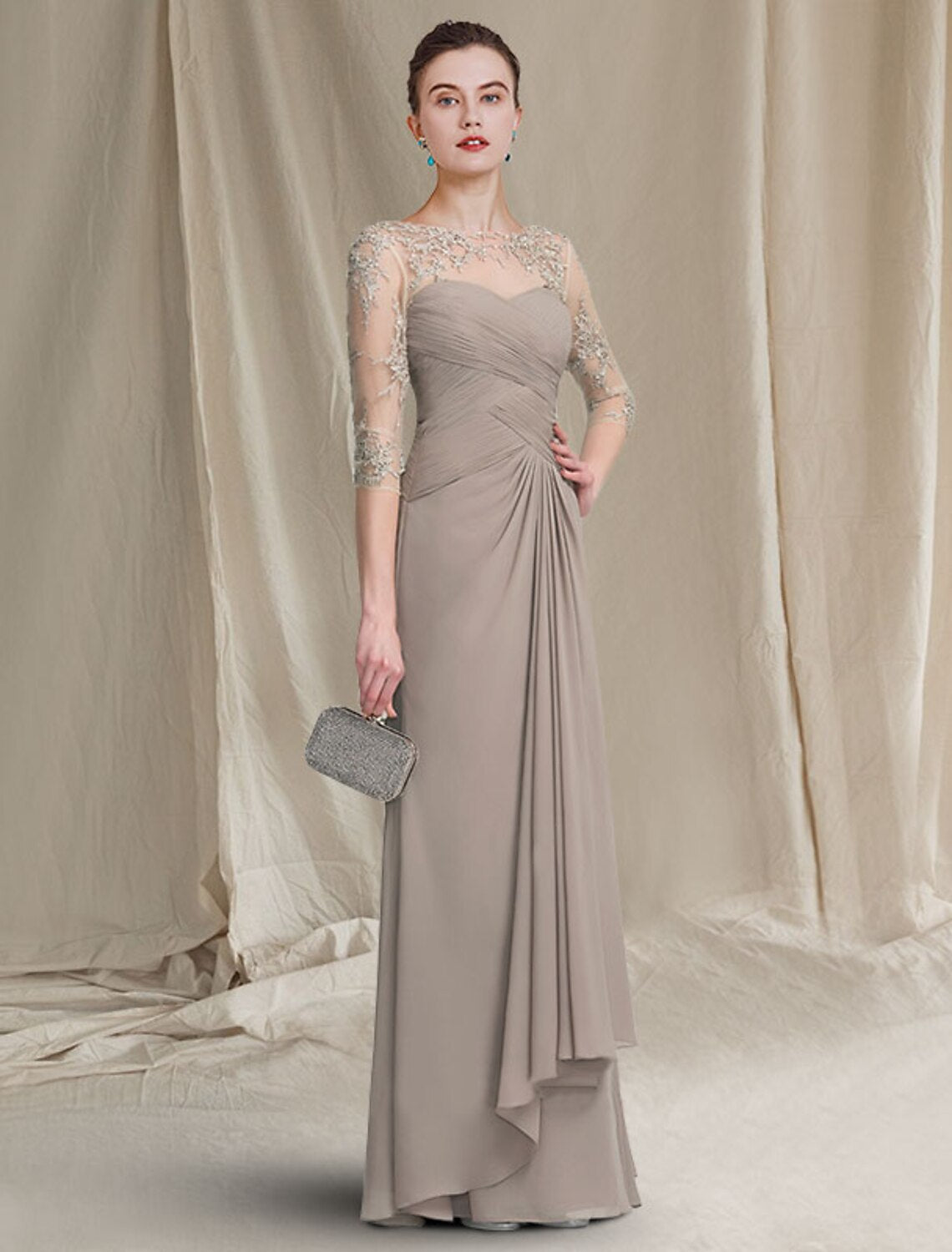 A-Linien-Kleid für die Brautmutter, elegant, Übergröße, Rundhalsausschnitt, bodenlang, Chiffon, Spitze, 3/4-Ärmel mit gerüschten Applikationen