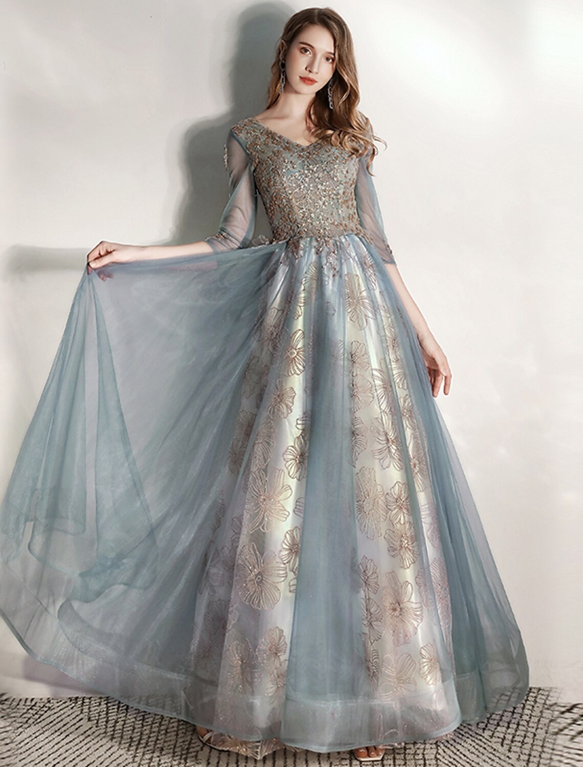 A-Line Prom Dresses Floral Dress Engagement Prom Floor Length Half Sleeve V Neck Tulle with Pleats Pattern / Print Appliques