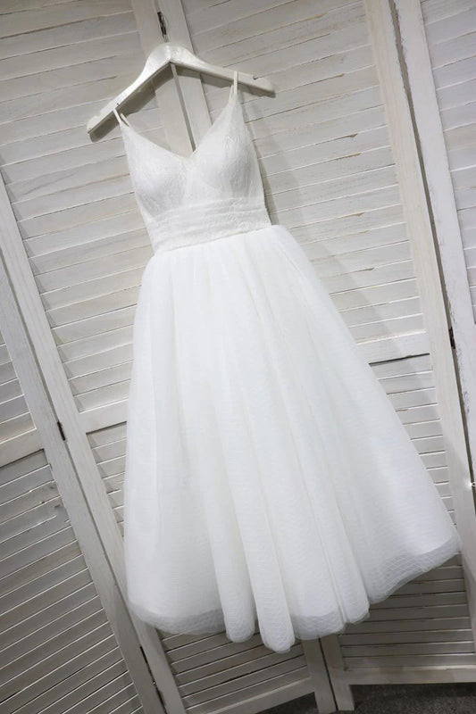 Tulle V neck lace tea Length prom dress