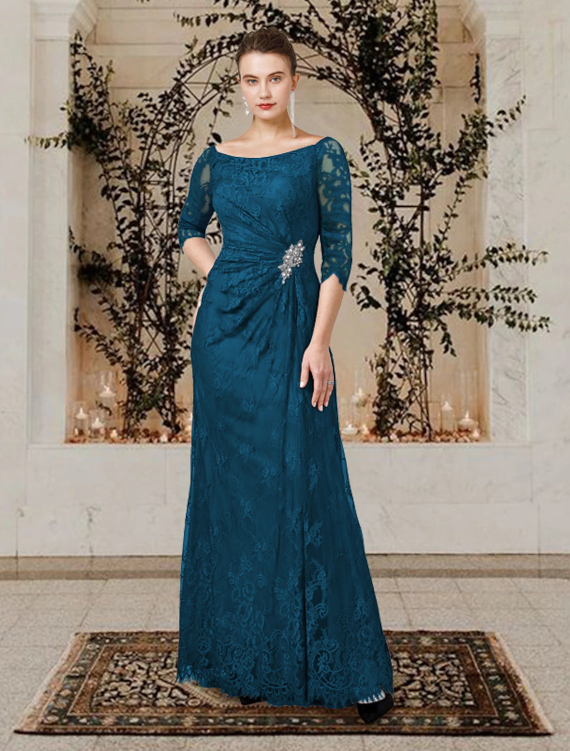 Vestido de Madre de la Novia de Corte A para Invitadas de Boda Elegante Talla Grande Escote Joya Largo hasta el Suelo Encaje Manga Corta con Volantes Broche de Cristal Drapeado Lateral