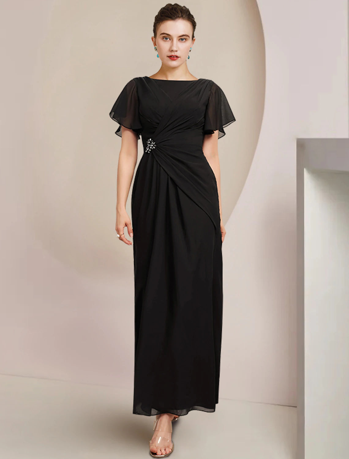 Vestido de Madre de la Novia con Corte Vaina/Columna para Invitadas de Boda Elegante Escote Redondo Largo hasta el Tobillo Gasa Manga Corta con Broche de Cristal Drapeado Lateralmente