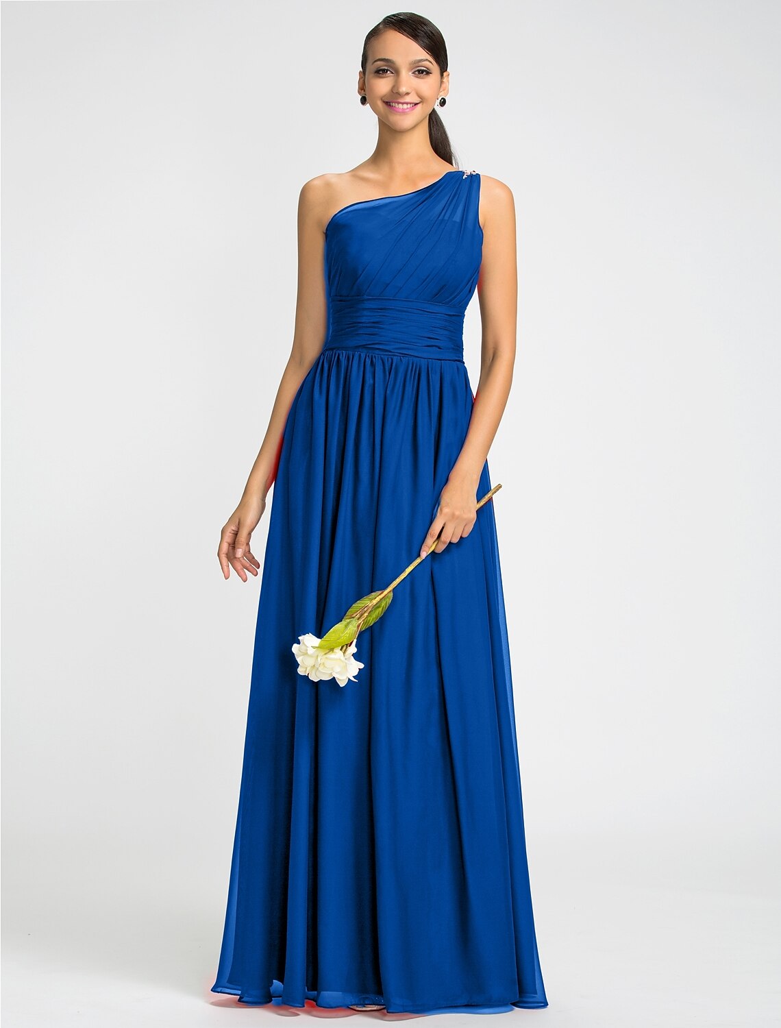 A-Line / Ball Gown One Shoulder Floor Length Chiffon Bridesmaid Dress with Beading / Sash / Ribbon / Side Draping