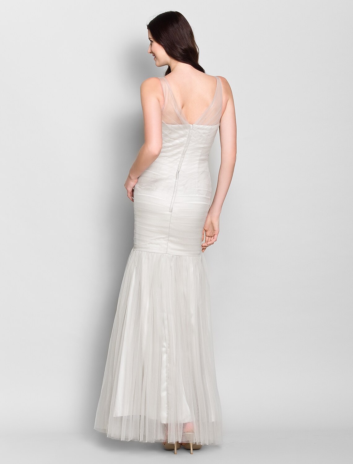 Mermaid / Trumpet V Neck Floor Length Tulle Bridesmaid Dress with Crystals / Criss Cross