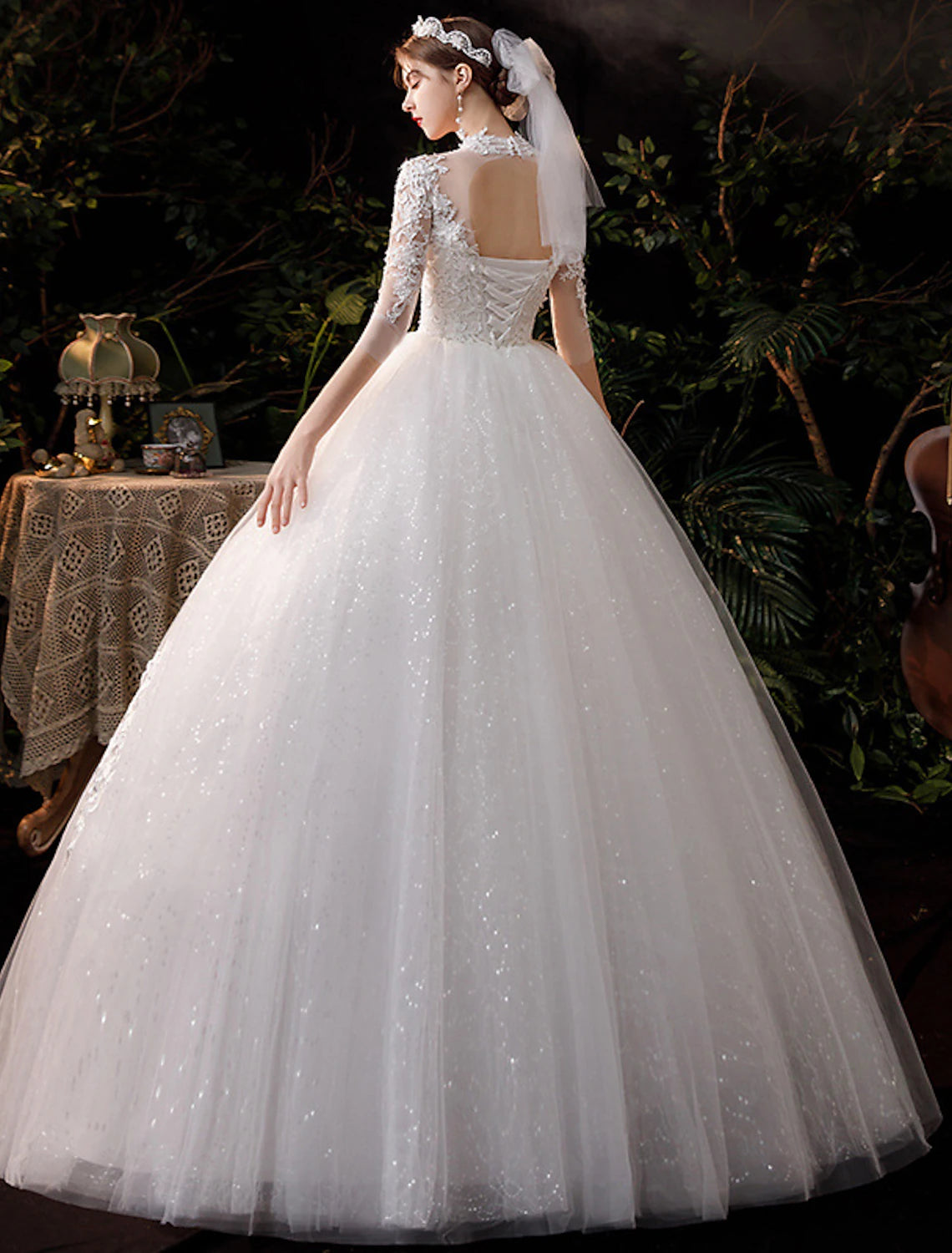 Vestidos de novia de recepción, vestido de baile, cuello alto, media manga, largo hasta el suelo, vestidos de novia de encaje con apliques