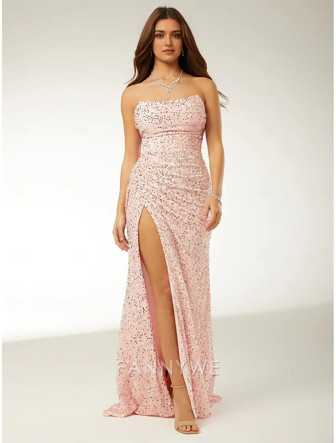 FannyWe Simple Sheath / Column Prom Dresses Beach Wedding Elegant Dress Formal Prom Floor Length Sleeveless Strapless Sequined with Glitter Sequin
