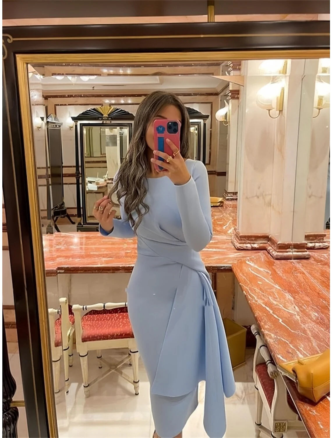 Vestido formal de tubo, vestidos de cóctel, elegantes, de Navidad, formales, de otoño, hasta la rodilla, manga larga, cuello joya, tejido elástico con pliegues y fruncido.