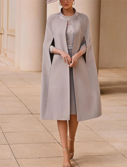 Two Piece Sheath / Column Mother of the Bride Dress Kentucky Derby Dresses Formal Wedding Guest Elegant Jewel Neck Tea Length Stretch Fabric 3/4 Length Sleeve with Lace Appliques