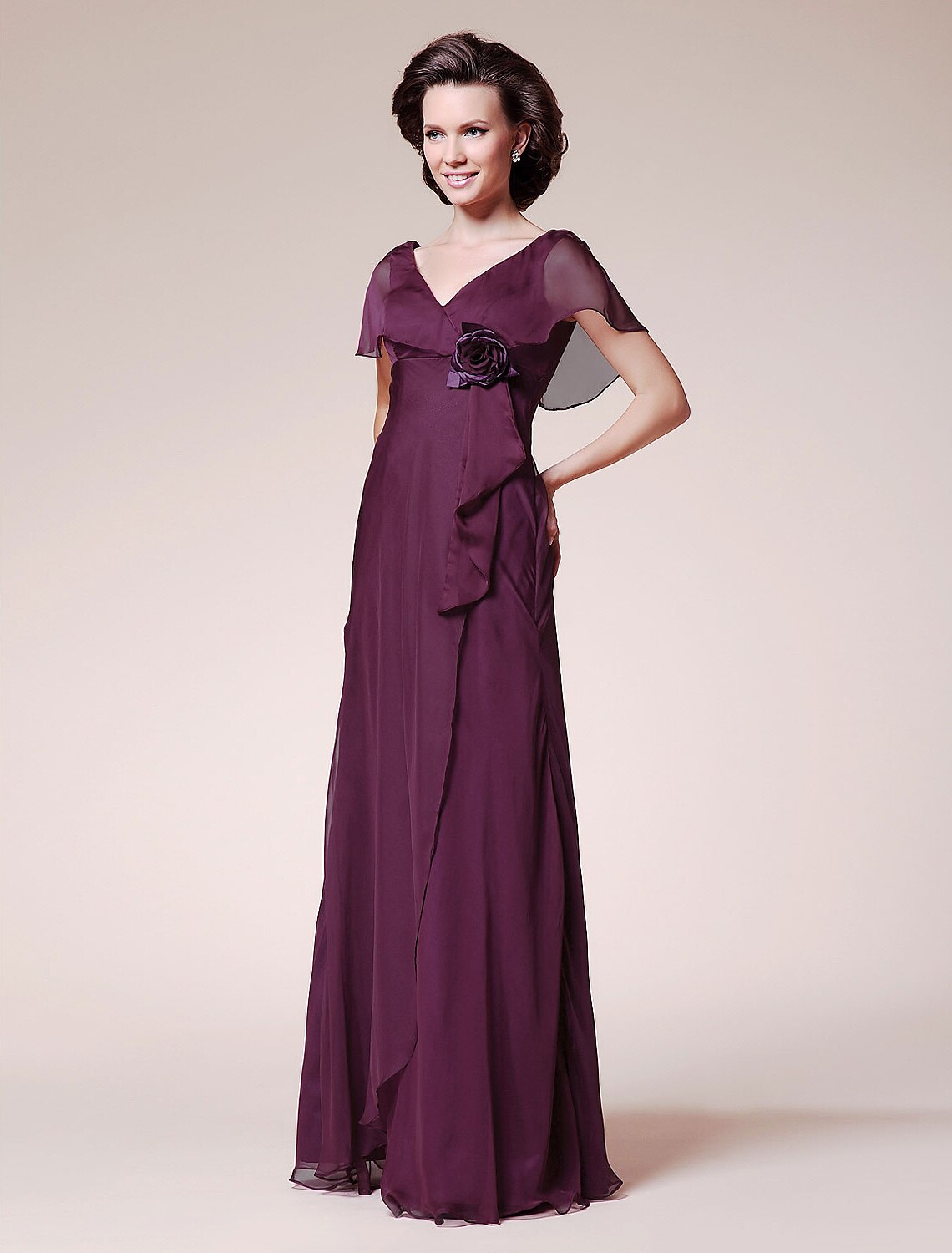 A-Line Mother of the Bride Dress Elegant V Neck Floor Length Chiffon Short Sleeve No with Ruffles Flower