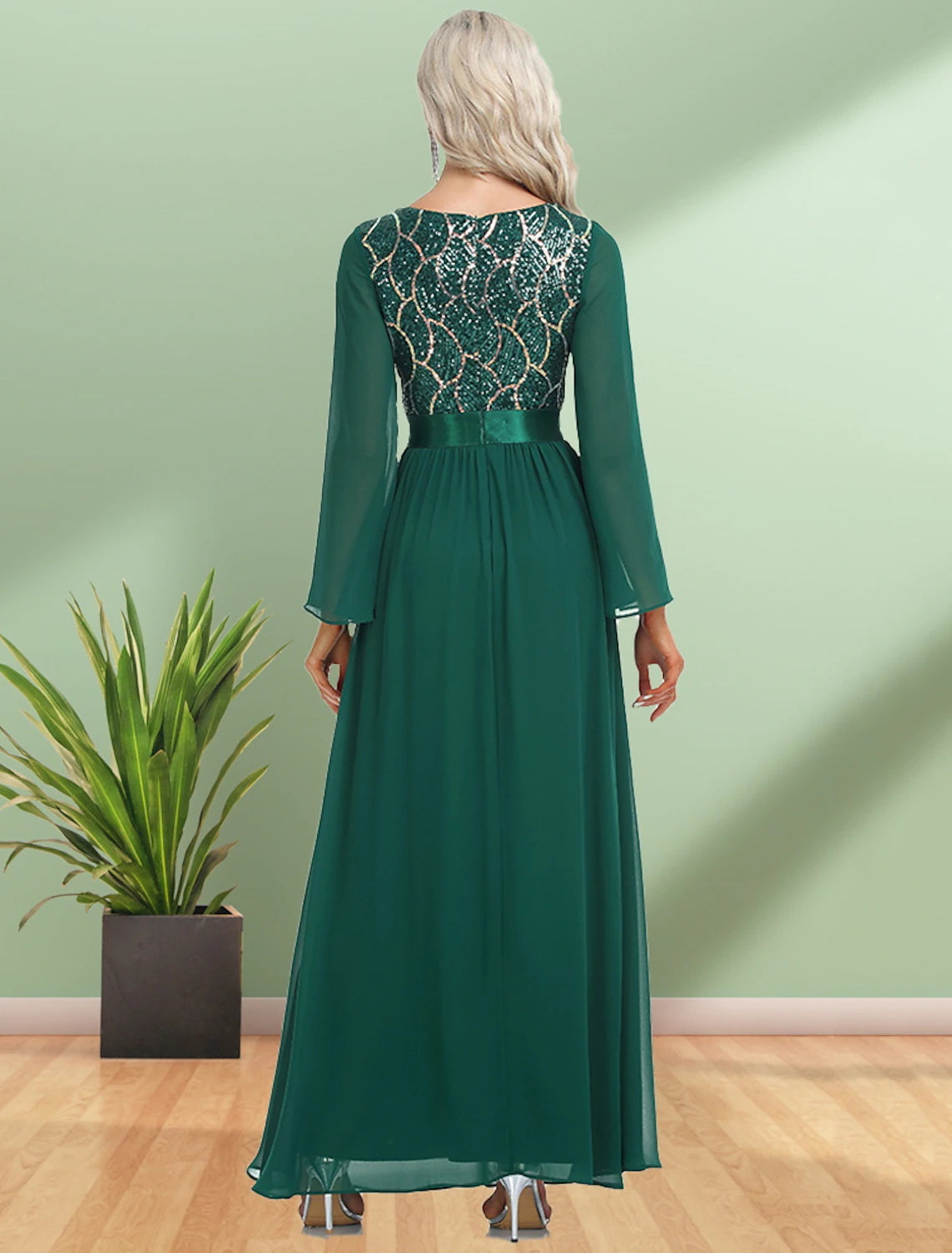 A-Line Evening Gown Elegant Dress Wedding Guest Party Wear Floor Length Long Sleeve V Neck Chiffon with Sequin
