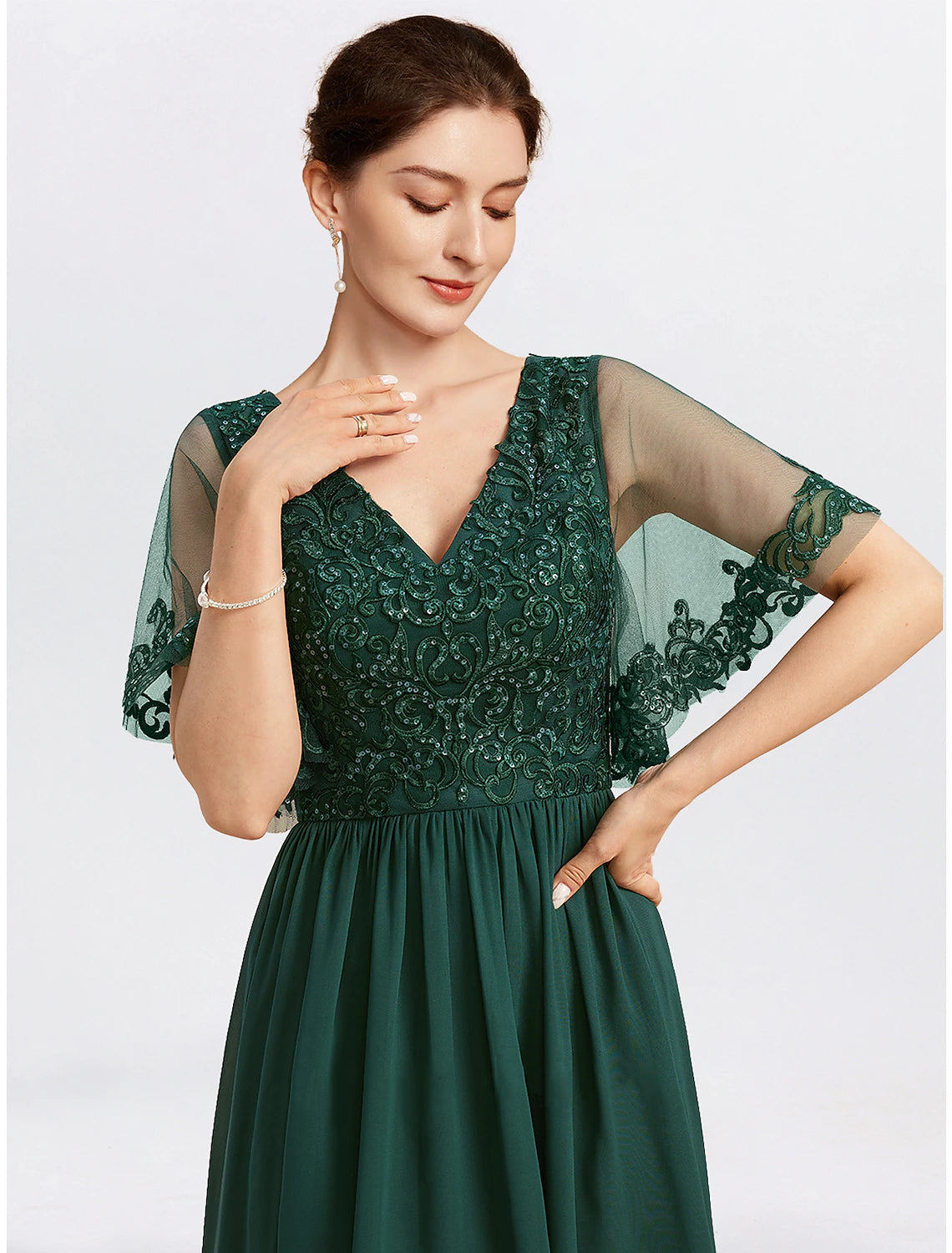 A-Line Mother of the Bride Dress Formal Wedding Guest Elegant Cape Dress V Neck Tea Length Chiffon Short Sleeve with Beading Appliques