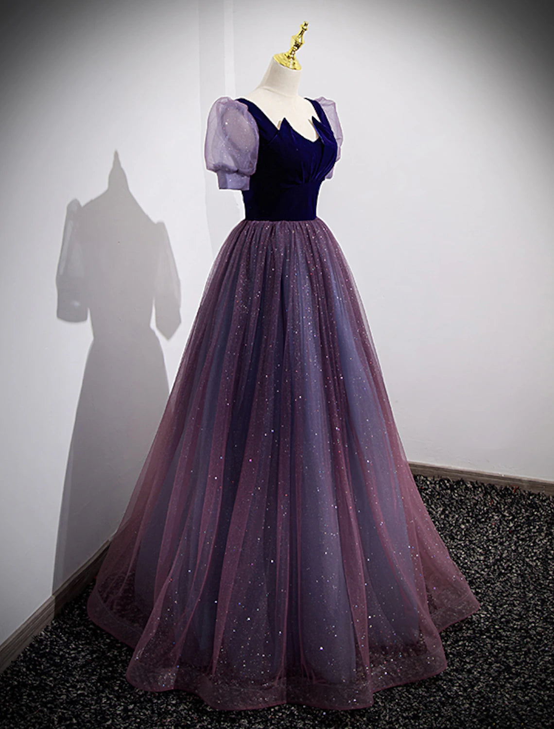 A-Linien-Ballkleider, Sparkle &amp; Shine-Kleid, Hochzeitsgast-Ballkleid, bodenlang, kurze Ärmel, U-Ausschnitt, Tüll mit Pailletten