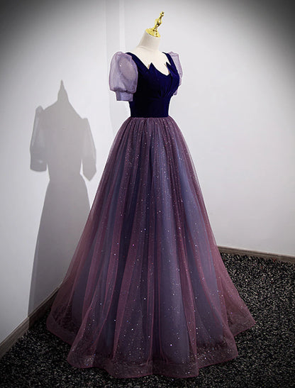 A-Linien-Ballkleider, Sparkle &amp; Shine-Kleid, Hochzeitsgast-Ballkleid, bodenlang, kurze Ärmel, U-Ausschnitt, Tüll mit Pailletten
