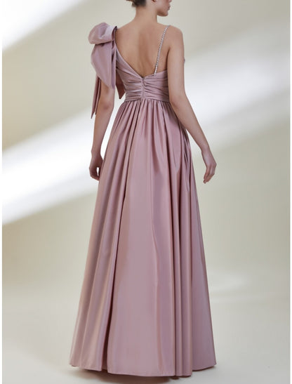A-Line Prom Dresses Elegant Dress Formal Floor Length Sleeveless Spaghetti Strap Satin with Bow(s) Pleats Slit