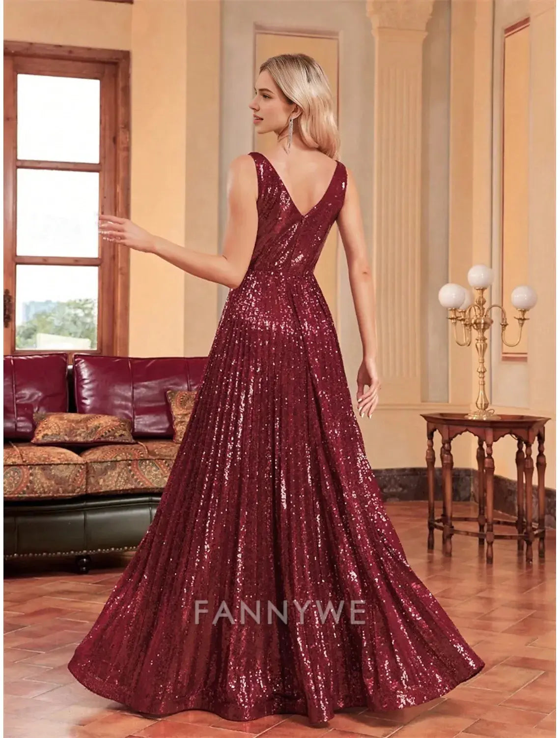 FannyWe Simple A-Line Prom Dresses Party Dress Evening Party Cocktail Party Floor Length Sleeveless Plunge Neck Polyester with Glitter Knief Pleats