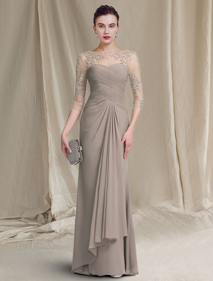 A-Linien-Kleid für die Brautmutter, elegant, Übergröße, Rundhalsausschnitt, bodenlang, Chiffon, Spitze, 3/4-Ärmel mit gerüschten Applikationen