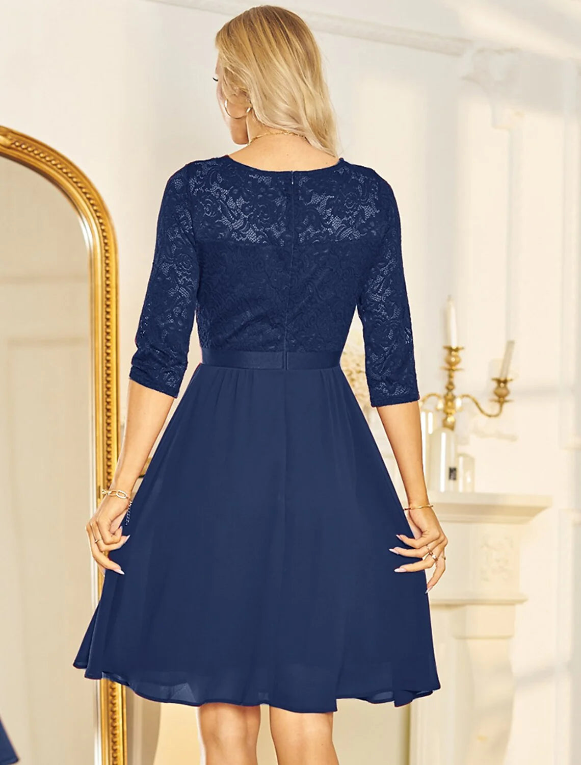 Vestidos de cóctel de corte A, minimalistas, para fiesta, hasta la rodilla, media manga, cuello en V, de gasa con pliegues