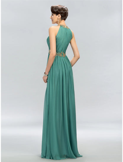 A-Linien-Kleid für Hochzeitsgäste, elegantes Kleid, Partykleidung, Hochzeitsfeier, bodenlang, ärmellos, Neckholder, Chiffon mit gerüschten Applikationen