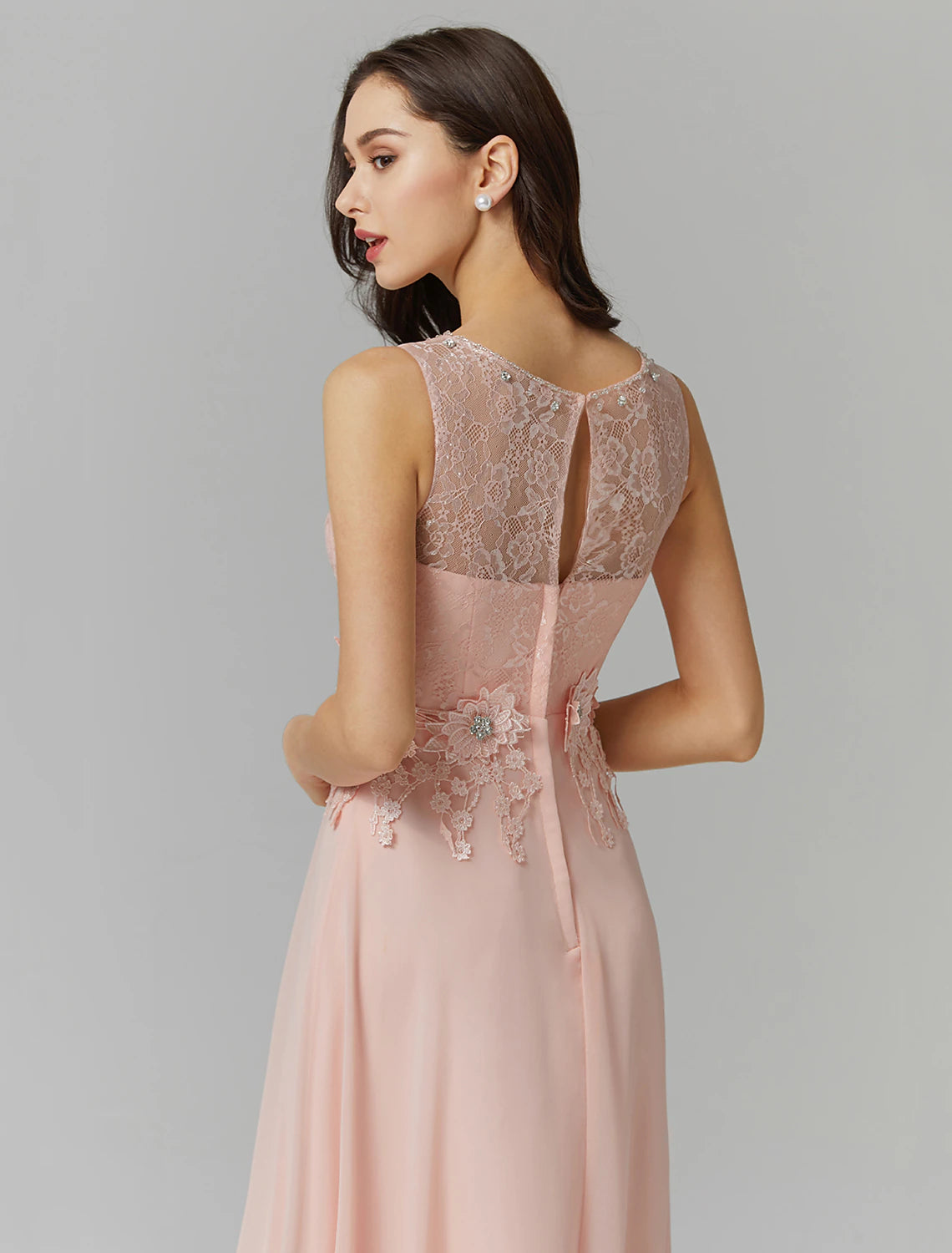 A-Linie Empire-Kleid, Hochzeitsgast, Abschlussball, bodenlang, ärmellos, Illusionsausschnitt, Brautjungfernkleid aus Chiffon mit Perlenapplikationen