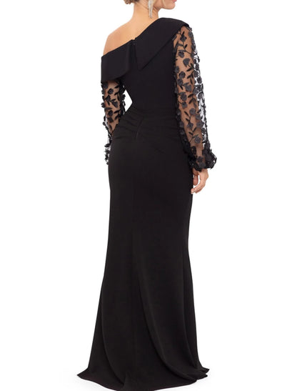 A-Line Mother of the Bride Dress Wedding Guest Elegant Off Shoulder Sweep / Brush Train Stretch Chiffon Long Sleeve with Ruched Appliques