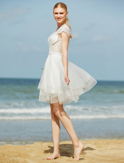 Wedding Dresses A-Line V Neck Sleeveless Knee Length Tulle Bridal Gowns With Sash / Ribbon Beading