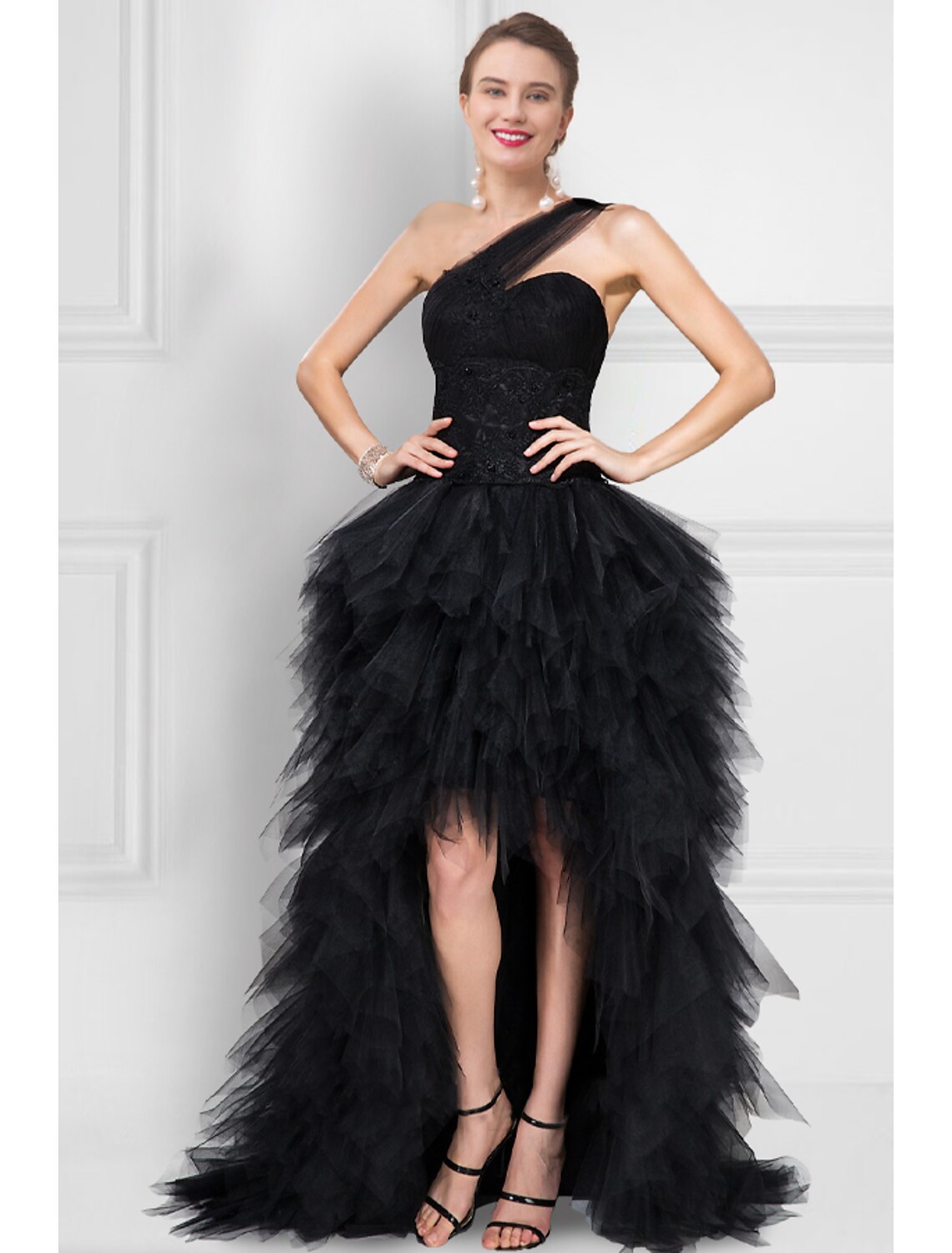 Ball Gown Prom Black Dress Tiered Plisse Dress Masquerade Prom Asymmetrical Sleeveless One Shoulder Tulle Ladder Back with Pure Color
