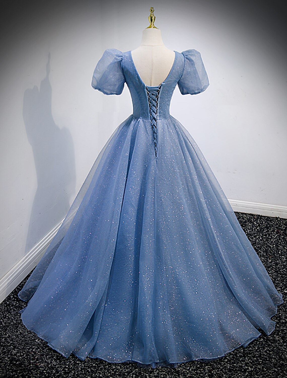 A-Line Prom Dresses Puffy Dress Wedding Guest Quinceanera Floor Length Short Sleeve V Neck Tulle with Sequin