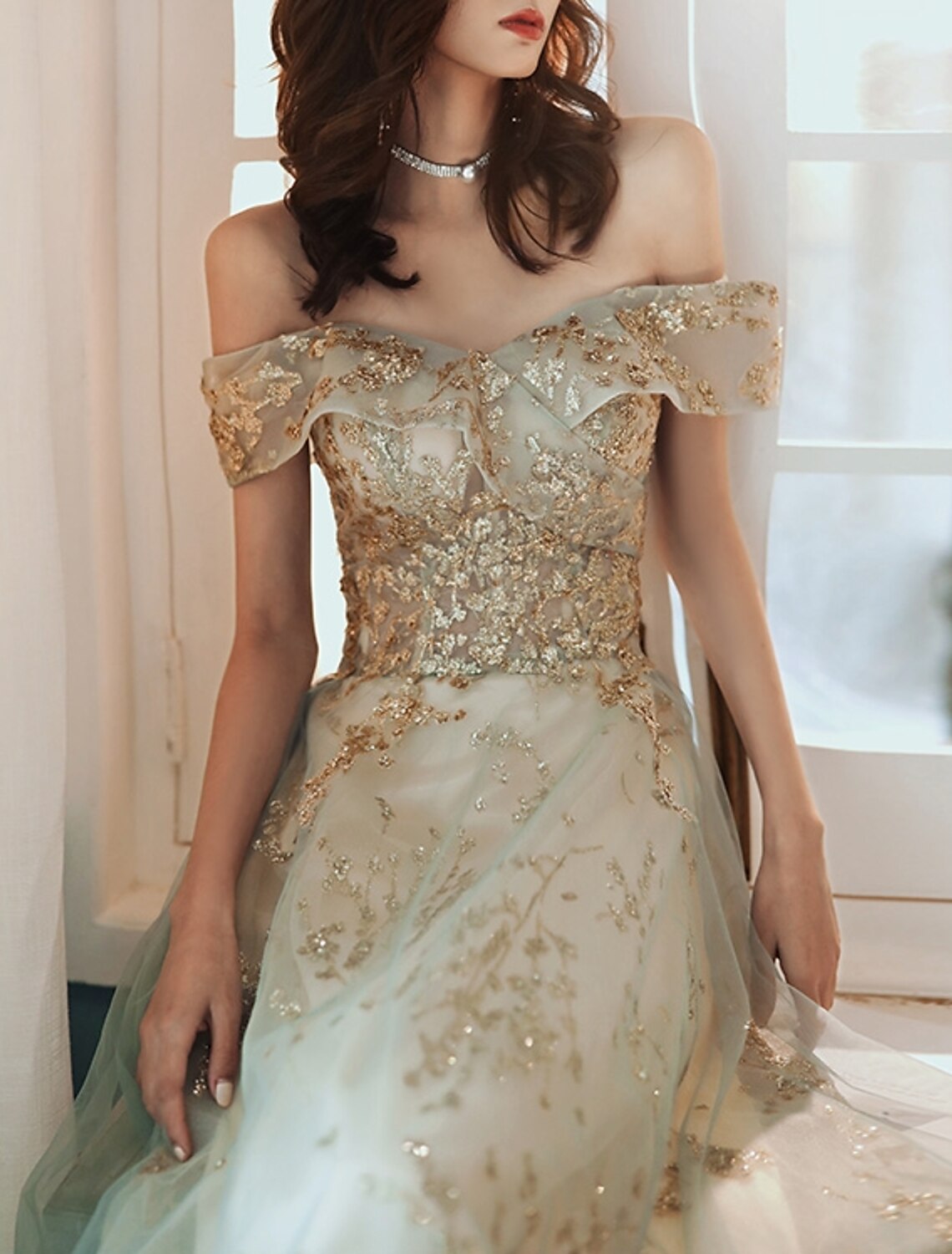 A-Line Evening Gown Elegant Dress Wedding Guest Engagement Floor Length Short Sleeve Off Shoulder Tulle with Sequin